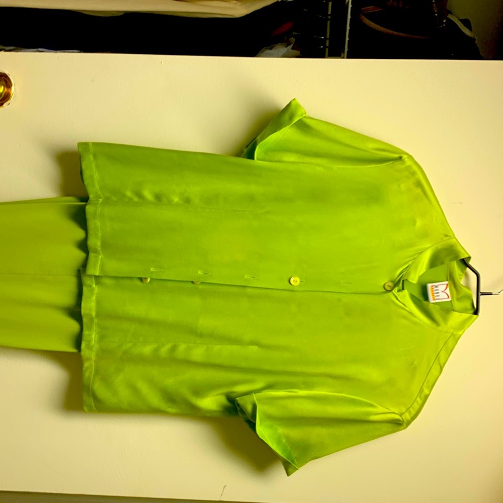 Lime, green silk suit